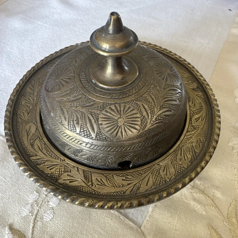 Vintage Handcrafted Engraved Brass Butter Dish With Lid ~ Made In India ~ Patina
